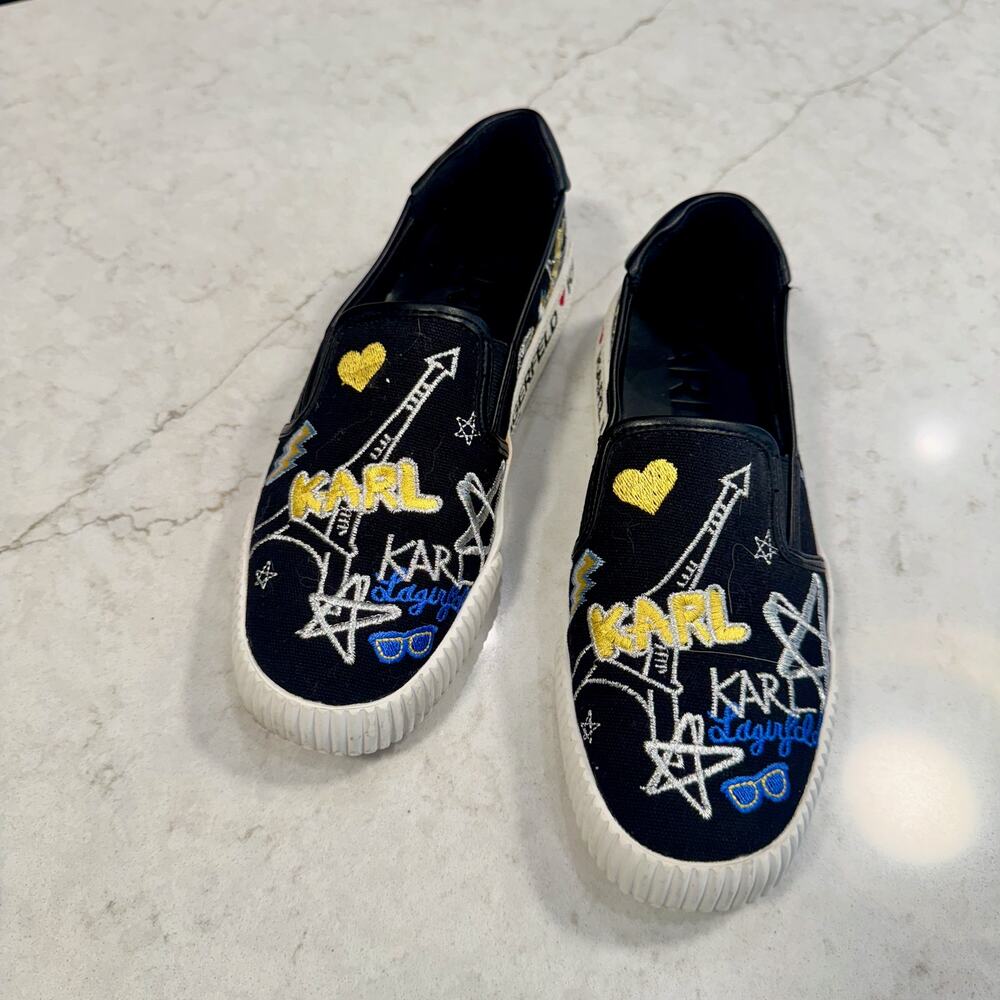 Karl Lagerfeld Paris Jazlyn Slip-On Sneakers Sz 8 Black Embroidered Graffiti - Picture 14 of 16